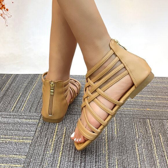 Women's Roman Gladiator Muliti Straped Back Zip Design Flat Heel Sandals Tan - Picture 3 of 5